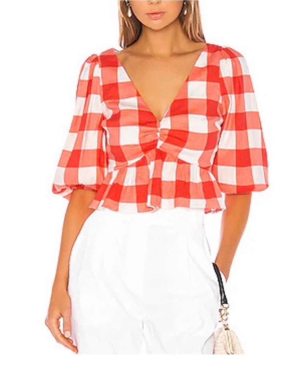 Lovers + Friends Red White linen check Gingham Peplum ruffle hem blouse top sz M